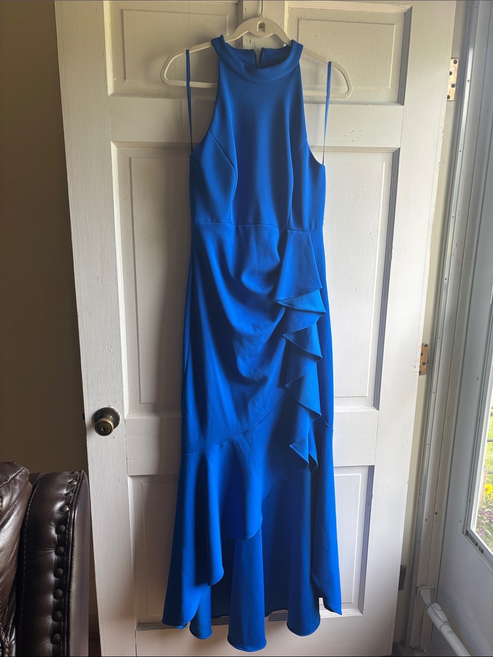 Betsy & Adam Royal Blue High-Low Ruffle Halter Evening Dress